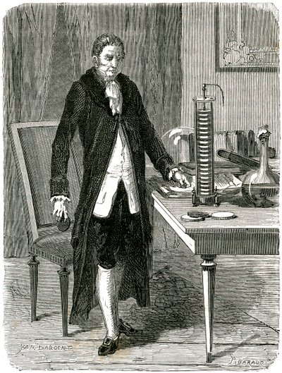 Alessandro Volta, italienischer Physiker, demonstriert seine elektrische Batterie, ca. 1800 ca. 1870 von Unbekannt
