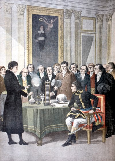 Alessandro Volta demonstriert seine Batterie für Napoleon, um 1800 von Unbekannt