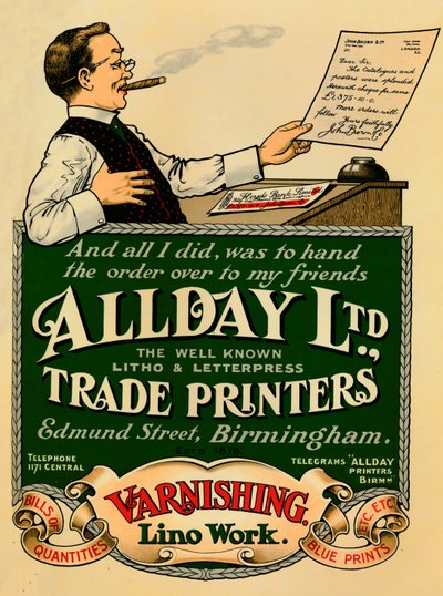 Allday Ltd., Werbeanzeige für Drucker, 1910 von Unbekannt
