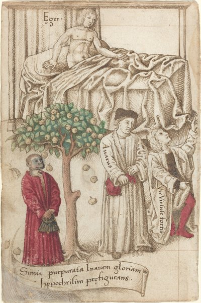 Ein Affe in Lila mit einem Kranken, einem guten Mann und einem Geizhals [fol. 36 verso], um 1512-1515 von Unbekannt