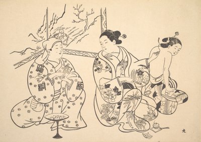 Eine Oiran sitzt in einem Salon und wendet die Feuerbehandlung auf den entblößten Rücken einer anderen Frau an von Unbekannt