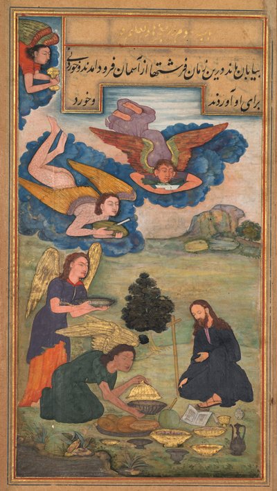 Engel bringen Jesus Nahrung in der Wüste, aus einem Mirat al-quds von Pater Jerome Xavier..., 1602 von Unbekannt