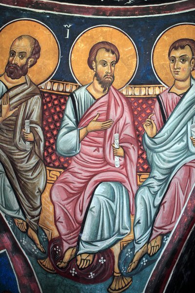 Darstellung der Apostel um Christus und das Jüngste Gericht Detail des byzantinischen Freskos aus dem Narthex-Gewölbe der Kirche von Asinou Jüngstes Gericht Szene 14. Jahrhundert (1332) UNESCO-Weltkulturerbe Troodos-Region, Zypern von Unbekannt