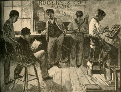 Bei der Arbeit in der Druckerei, 1881 von Unbekannt