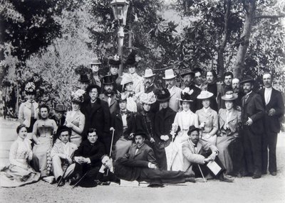 Autor Maxim Gorki und Anton Tschechow zwischen den Schauspielern des Moskauer Künstlertheaters, 1900 von Unbekannt