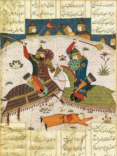 Bahram Shubinas nächtlicher Angriff auf das Lager von Khusrau Parviz, ca. 1420. Gemalte Miniatur von Unbekannt