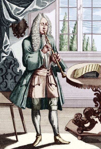Barockoboe Musiker, Beschriftung lautet - Mann spielt Hautbois (oder Hautbois), was eine frühe Oboe ist. Gravur von J. C. Weigel (1661-1726) aus Musikalisches Theatrum. von Unbekannt