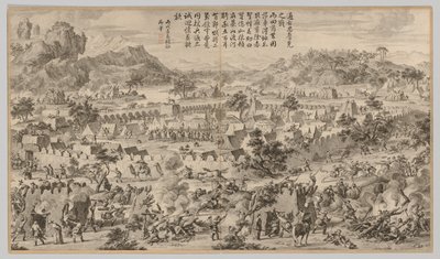 Schlacht bei Tunggushi Luke: aus Schlachtszenen der Niederschlagung der Aufstände..., ca. 1765-1774 von Unbekannt