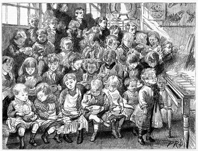 Kinder warten auf Suppe zur Essenszeit, London Board School, Denmark Terrace, Islington, 1889 von Unbekannt