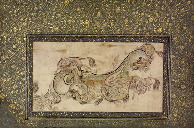 Chilins chinesische chimärische Kreaturen kämpfen mit einem Drachen, 16. Jahrhundert von Unbekannt