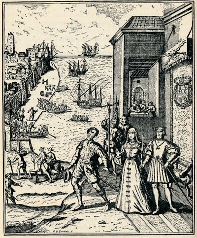 Kolumbus mit Ferdinand und Isabella, 3. August 1492, 1912 von Unbekannt
