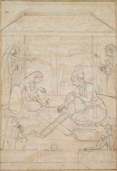 Paar spielt Chaupar auf einer Terrasse, ca. 1790-1800 von Unbekannt