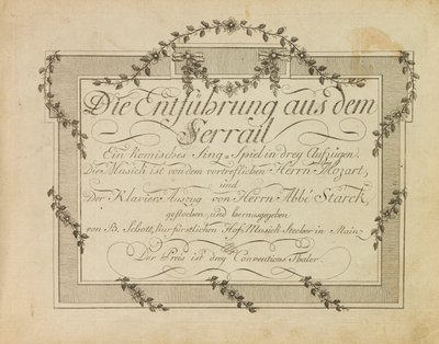 Umschlag der Erstausgabe der Oper Die Entführung aus dem Serail von Mozart, nach 1786 von Unbekannt