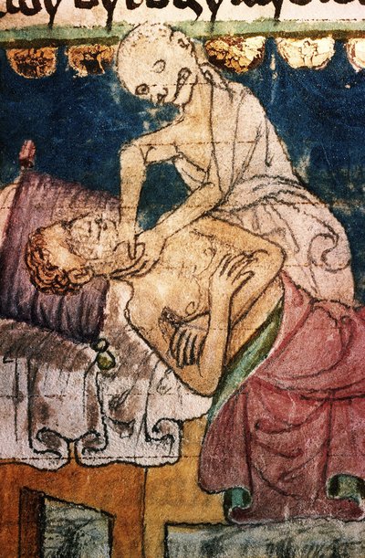 Der Tod erwürgt ein Opfer der Pest. Aus dem Stiny-Codex, 14. Jahrhundert von Unbekannt