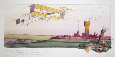 Anfänge der Luftfahrt: Maurice Farman (1878-1964) in seinem Doppeldeckerflugzeug mit einem Renault-Motor während des Rennens "Voyage de Bac à Chartres", ca. 1910 von Unbekannt