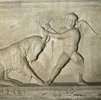 Detail eines griechischen Sarkophags aus Lydien, Darstellung eines Putto, der mit einer Ziege ringt von Unbekannt