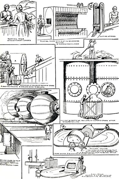 Diagramme zur Vorbereitung von Lumpen und Espartogras für die Papierherstellung, um 1917 von Unbekannt