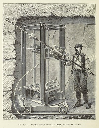 Diamantbohrmaschine entworfen von Georges Leschot, veröffentlicht 1883, Gravur, 1883 von Unbekannt