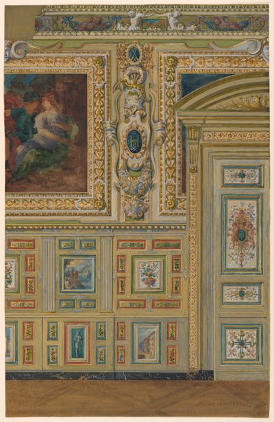 Querschnitt einer Wand mit Gruppen bemalter Paneele, Ovales Zimmer, Salon Louis XIV, Schloss Fontainebleau, Frankreich von Unbekannt