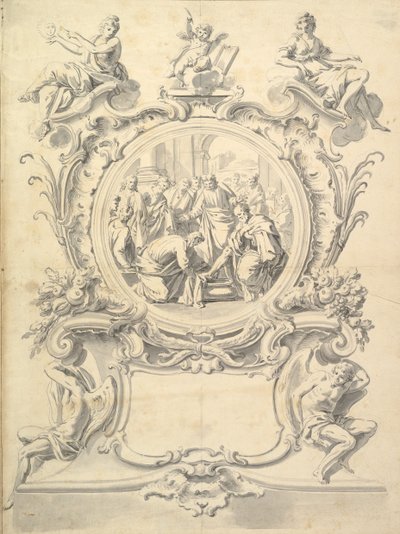 Aufwendig gerahmtes Rundbild von Christus wäscht die Füße der Apostel, nach 1800 von Unbekannt