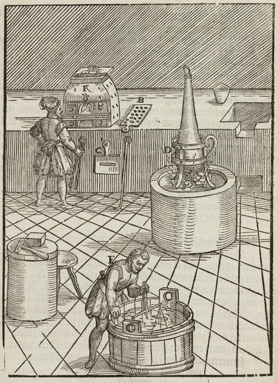 Ausrüstung und Analyse von Gold- und Silbererzen - Gravur aus Beschreibung der Erze und der wichtigsten Methoden des Bergbaus, von Lazarus Ecker von Unbekannt