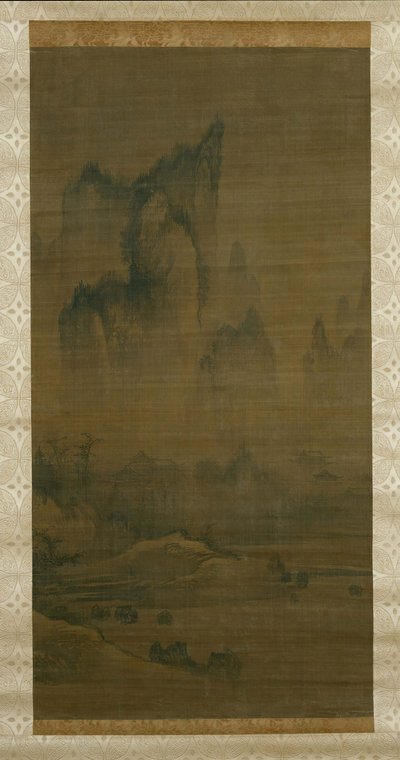 Abendglocke vom nebelverhangenen Tempel, Herbstmond über dem Dongting-See rechts, ca. 1450-1500 von Unbekannt