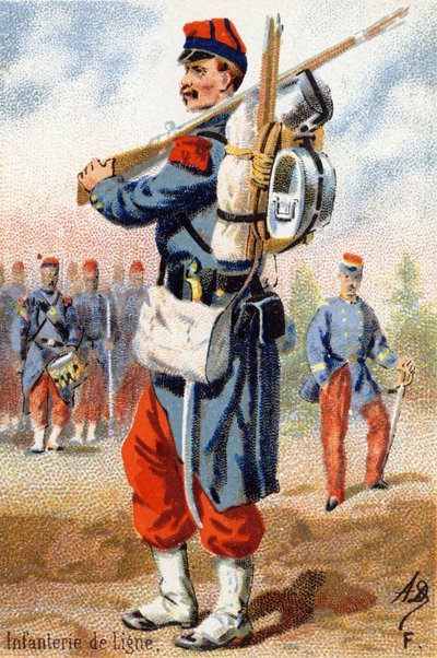 F: Linieninfanterie. Gravur in "Militäralphabet". Initialen des Illustrators: A. D. Unbekannter Herausgeber. Chromolithographien Ende des 19. Jahrhunderts. von Unbekannt