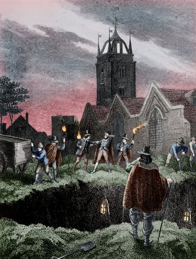 Füllen eines Massengrabs bei Nacht während der Pest in London, um 1665 von Unbekannt