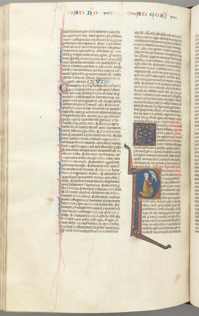 Fol. 440v, Korinther I, historiierte Initiale P, Paulus kniet und spricht mit der Büste Gottes oben, ca. von Unbekannt