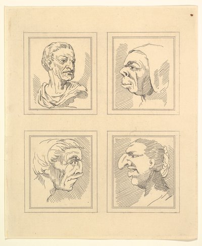Vier Köpfe aus Characaturas von Leonardo da Vinci, nach Zeichnungen von Wincelslaus Hollar, 1786 von Unbekannt
