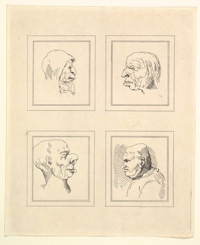 Vier Köpfe aus Characaturas von Leonardo da Vinci, nach Zeichnungen von Wincelslaus Hollar von Unbekannt