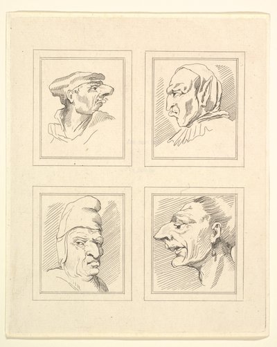 Vier Köpfe aus Karikaturen von Leonardo da Vinci, nach Zeichnungen von Wenzel Hollar, 1786 von Unbekannt