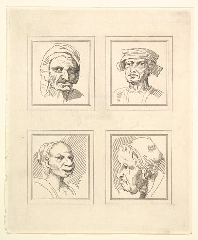 Vier Köpfe aus Characaturas von Leonardo da Vinci, nach Zeichnungen von Wincelslaus Hollar von Unbekannt
