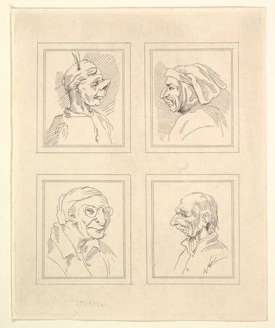 Vier Köpfe aus Karikaturen von Leonardo da Vinci, aus Zeichnungen von Wenzel Hollar, o..., 1786 von Unbekannt
