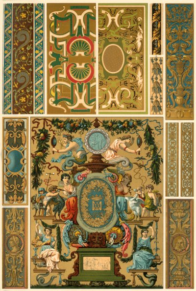 Französische Renaissance-Wandmalerei, polychrom bemalte Skulptur, Weberei und Bucheinbände, 1898 von Unbekannt