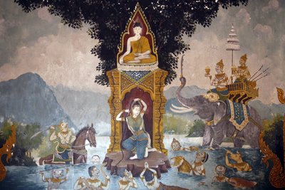 Fresko, das eine Szene aus dem Leben des Buddha im Wat Phra Doi Suthep zeigt: Phra Mae Thorani dreht ihr langes Haar und Wasserströme erzeugen eine Flut, Chiang Mai, Thailand von Unbekannt