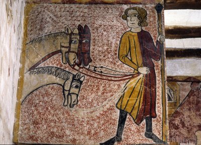 Fresko des Ferrande-Turms in Pernes-les-Fontaines (Pernes les Fontaines, Vaucluse (84)) aus dem 13. Jahrhundert: Ein Stallknecht hält die Zügel von drei Pferden. von Unbekannt