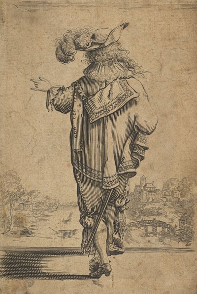 Herr von hinten gesehen, der auf eine Landschaft hinweist, nach 1629 von Unbekannt