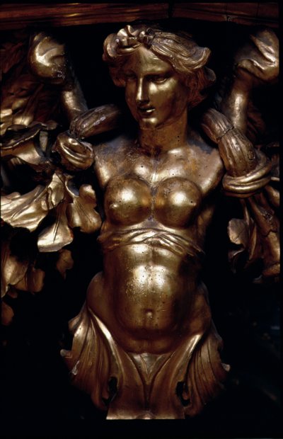 Vergoldete weibliche Figur, die einen barocken Tisch stützt, aus dem Salon des Palazzo Taverna von Unbekannt