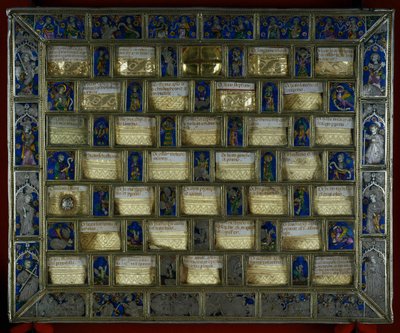 Goldschmied: Staurothek oder gotisches Reliquiar aus dem 14. Jahrhundert in Form von Schachspielen Karls des Großen, Silber, Gold und Emaille, hergestellt in Montpellier. Roncesvalles, Navarra, Spanien. von Unbekannt