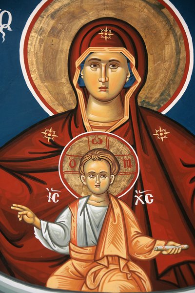 Griechisch-orthodoxe Ikone, die die Jungfrau und das Kind darstellt, Thessaloniki, Griechenland von Unbekannt