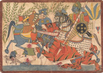 Harishchandra und sein Minister töten einen Tiger, Folio aus einer Harishchandra-Serie, 1800-1850 von Unbekannt