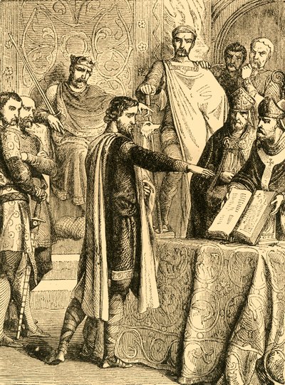 Harold schwört, das Recht des Herzogs der Normandie auf den Thron von England zu wahren, ca. 1890 von Unbekannt