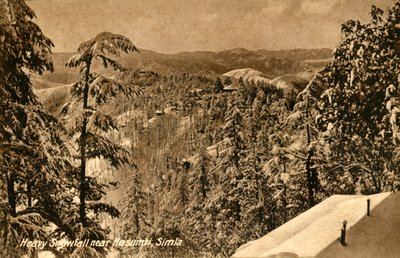 Starker Schneefall in der Nähe von Kasumti, Simla, ca. 1918-1939 von Unbekannt
