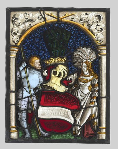 Heraldik-Panel, das einen Ritter und eine Dame mit den Wappen des Erzherzogtums Österreich darstellt, um 1515 von Unbekannt