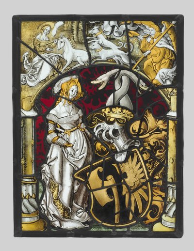 Heraldik-Panel mit den Wappen von Lichtenfels und einer Einhornjagd von Unbekannt