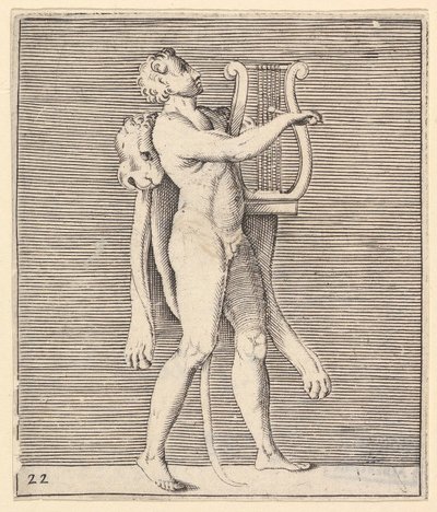 Herkules spielt eine Leier, ein Löwenfell über seine Schulter drapiert, veröffentlicht ca. 1599-1622 von Unbekannt