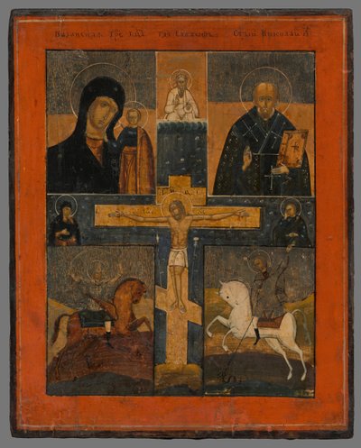 Ikone - Kreuzigung mit der Kasaner Gottesmutter, Heiliger Nikolaus, Heiliger Georg und Dimitrij von Unbekannt