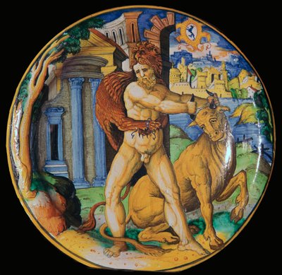 Italienischer Irdenware-Teller mit einem Bild von Herkules und dem kretischen Stier, 16. Jahrhundert von Unbekannt