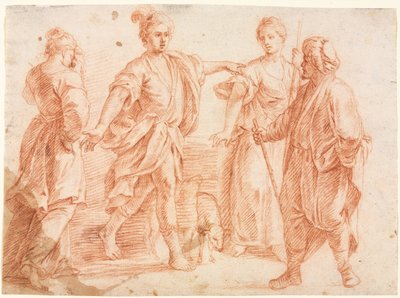 Jakob und Laban mit Rachel und Leah recto Skizze von zwei Männern...verso, 1600er von Unbekannt